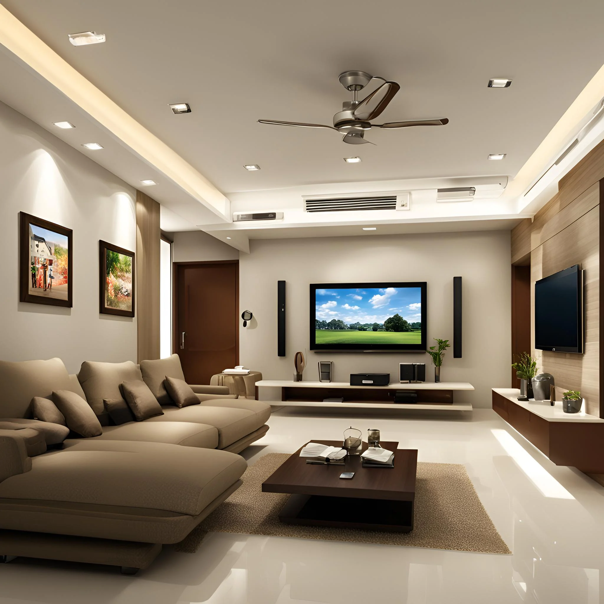 A well design hall in 16_9 size with smart interior along with fan, tv, air conditioning, lights electronics in it.